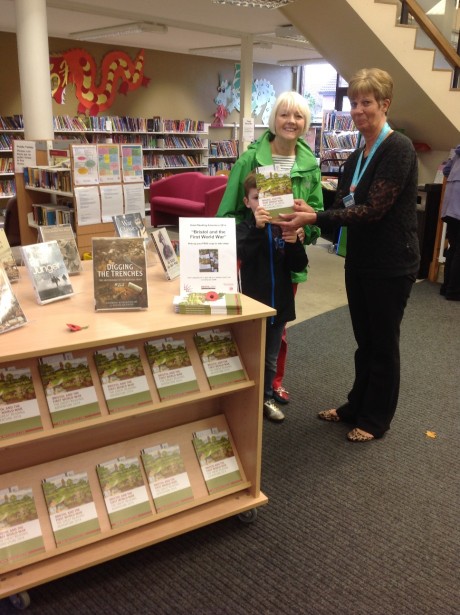 Rose giving copies of the book away at Henleaze library. 