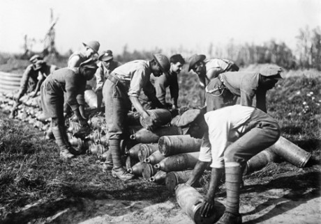 West Indian troops stacking 8-inch shells at a dump on the Gordon Road, Ypres, October 1917. E(AUS) 2078