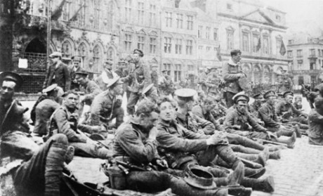 Men of the 4th Battalion, Royal Fusiliers rest in the Grand Place in Mons on 22 August 1914. Imperial War Museum/ Centenary Partnership Programme ref Q 70071. 
